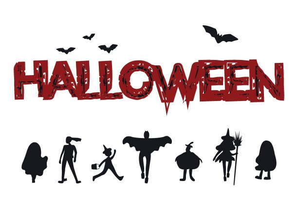 万圣节快乐。横幅与文本。孩子们穿着万圣节服装的剪影。孤立在白色背景上。图片下载