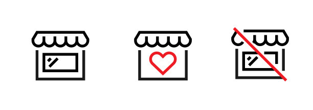 一套程式化的形象的商店，与一个心和封闭的图标。可编辑的行向量。图片下载