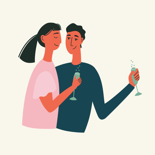 矢量插图的男人和女人庆祝新年与一杯香槟。图片下载