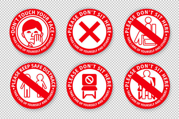 透明背景上的警告标志。人与人之间保持距离。不要坐在这里。保持安全距离图片下载