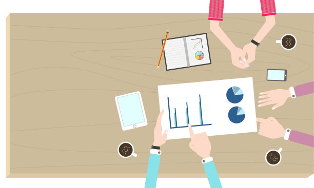 会议桌俯视图见手臂。业务团队合作。商务计划和商务会议。平面设计。向量,插图图片下载