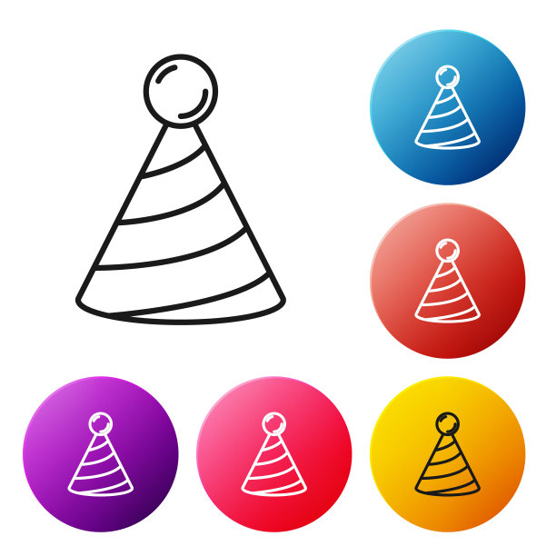 黑线派对帽子图标孤立在白色背景。生日帽。设置图标彩色圆圈按钮。向量图片下载