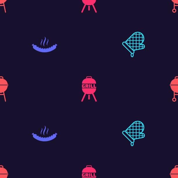 设置烤箱手套，香肠，烧烤架和在无缝模式。向量图片下载