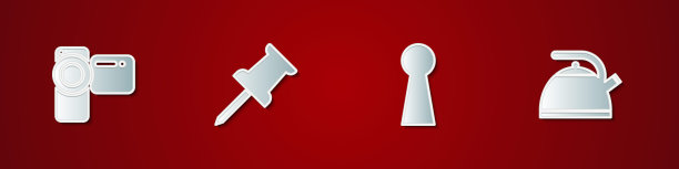 设置影院摄像机，推销，钥匙孔和水壶与处理图标。向量图片下载