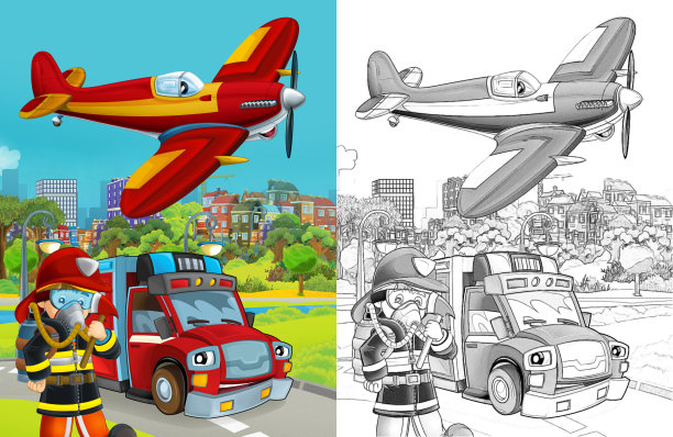 以道路上的消防车和消防员为例的卡通素描场景图片下载