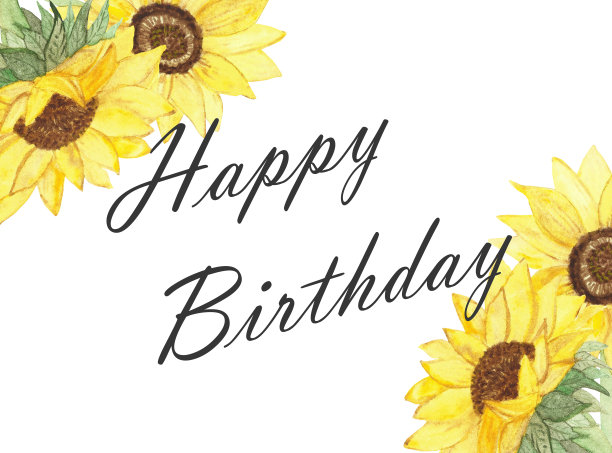 水彩手绘自然花园植物角框构图与黄色的向日葵和绿叶花束和生日快乐的文字在白色的背景上庆祝贺卡图片下载