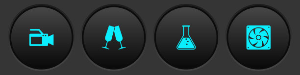 设置电影摄像机，香槟杯，试管和烧瓶和电脑冷却器图标。向量图片下载