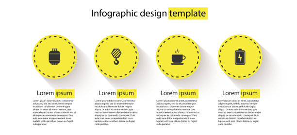 集丙烷气罐、工业挂钩、咖啡杯、电池。业务信息模板。向量图片下载