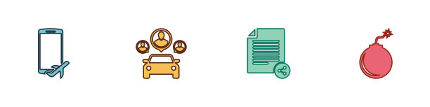 设置飞行模式在移动，汽车共享，共享文件和炸弹准备爆炸图标。向量图片下载