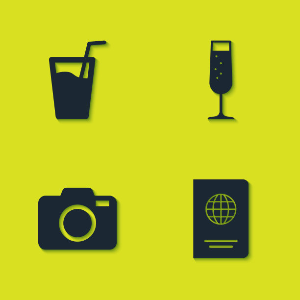 设置玻璃与水，护照，相机和香槟图标。向量图片下载