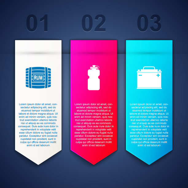 木桶内放置朗姆酒，运动瓶装水和汽车蓄电池。业务信息模板。向量图片下载