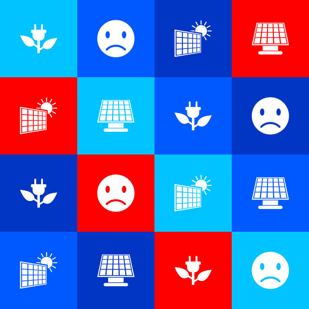 设置节电插头在叶片，悲伤的微笑，太阳能电池板和太阳和图标。向量图片下载