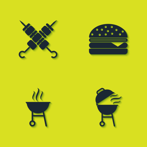 设置烤羊肉串，烧烤架，和汉堡图标。向量图片下载