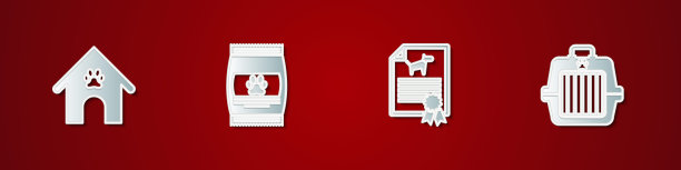 设置狗屋和爪印宠物，食品袋，证书狗猫和宠物携带盒图标。向量图片下载