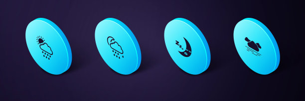 设置等距云，月亮图标，雨和月亮和太阳图标。向量图片下载