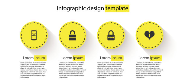 设置移动和眼睛扫描，锁定，VPN和心脏与钥匙孔。业务信息图模板。向量图片下载
