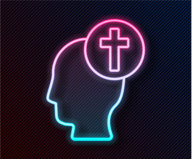 发光的霓虹线人的头与基督教十字架图片下载