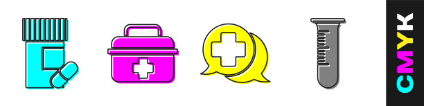 设置药瓶和药丸，急救箱，与医生对话，试管和烧瓶图标。向量图片下载