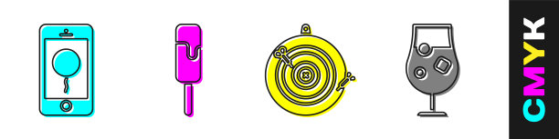 设置移动与生日信息，冰淇淋，经典飞镖板和箭头和鸡尾酒和酒精饮料图标。向量图片下载