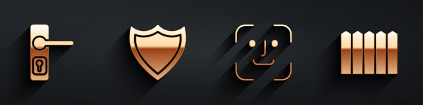 设置门把手，盾牌，人脸识别和花园栅栏木制图标与长影子。向量图片下载