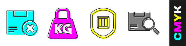 设置纸箱纸箱和删除，重量，交付安全与盾牌和搜索包裹图标。向量图片下载