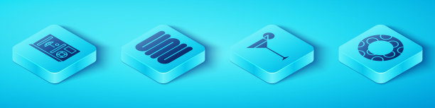 设置等距旅游手册，毛巾堆，橡胶游泳圈和马提尼杯图标。向量图片下载