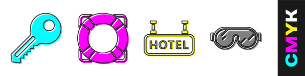 设置钥匙，救生圈，与文本酒店和滑雪镜图标招牌。向量图片下载