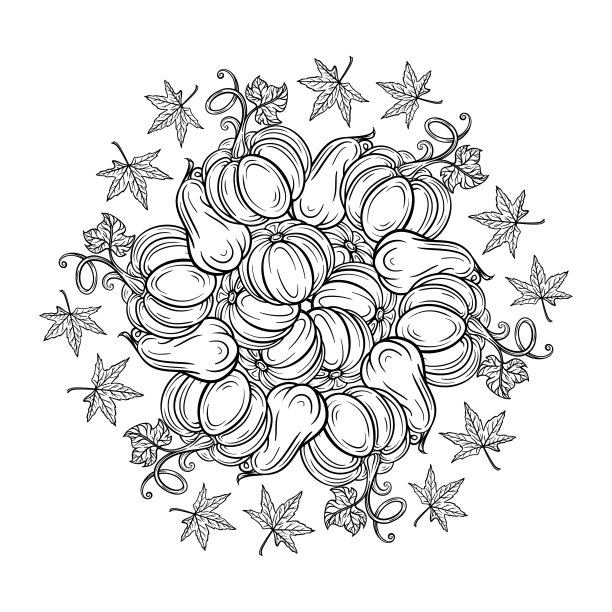 黑白秋色点缀。南瓜和秋叶着色页图片下载