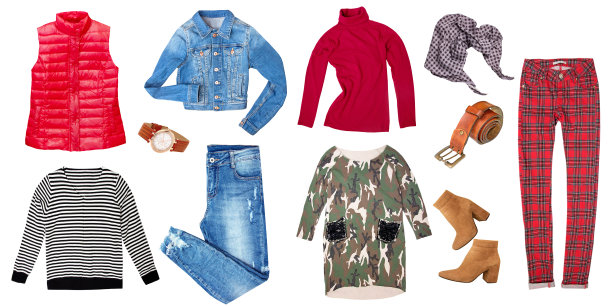 收藏的衣服孤立在白色背景上，女性拼贴图片下载