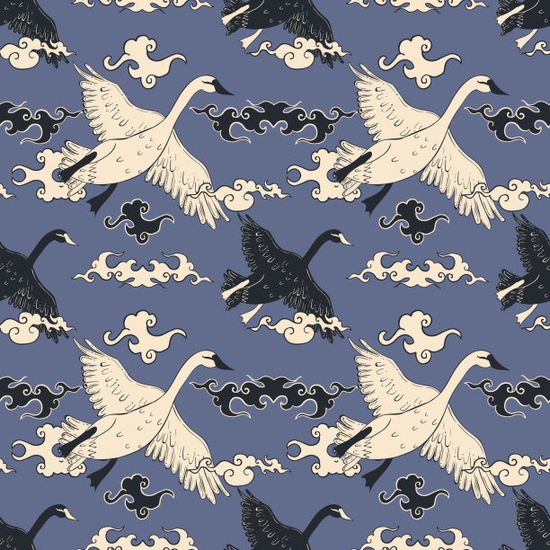天衣无缝的图案与飞天鹅和亚洲风格的云。图片下载