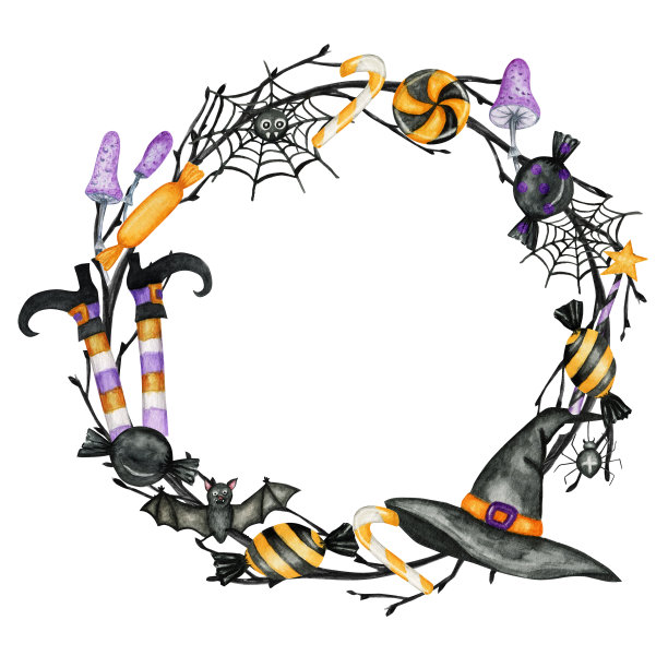 快乐万圣节节日派对框架与帽子，蝙蝠，蜘蛛，糖果糖果派对装饰。水彩卡通插图孤立的白色背景。万圣节的幽灵公墓。图片下载