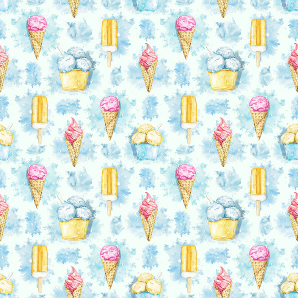 水彩无缝模式与设置各种冰淇淋在蓝色污渍的背景图片下载