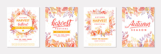 秋天的季节贴与树叶和花卉元素在秋天的颜色图片下载