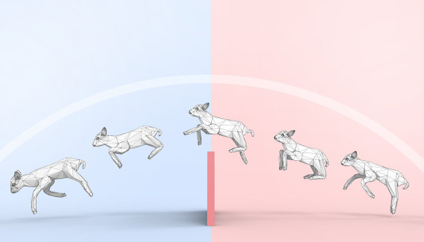 创意目标成功和商业概念白羊跳跃在蓝红背景- 3d渲染图片下载