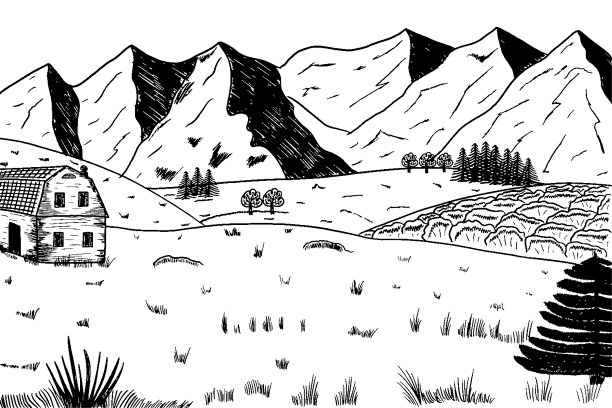 木小屋在山区景观矢量插图。手绘图像概念。图片下载
