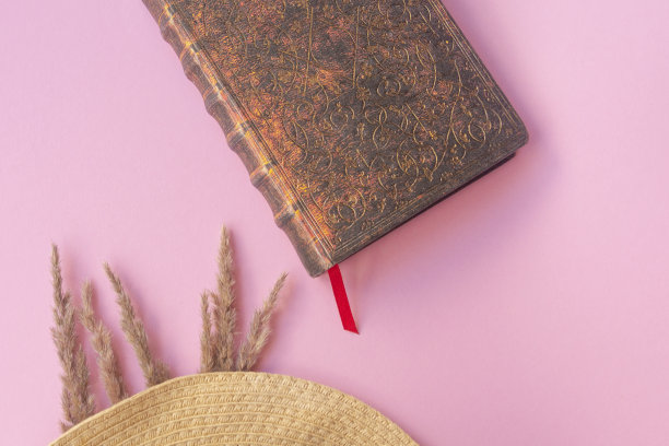 浅草帽和粉红色背景上的野花。夏天的概念。图片下载