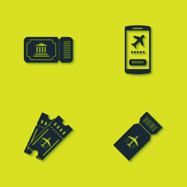设置博物馆门票，航空公司，和移动图标。向量图片下载