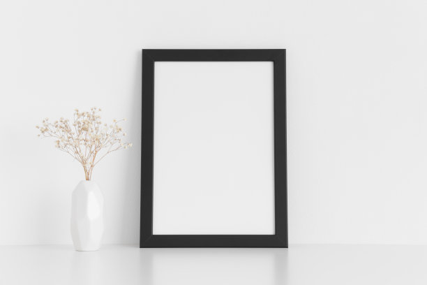 黑色框架模型，花瓶里装着一只吉普赛菲拉，放在白色的桌子上。肖像取向。图片下载