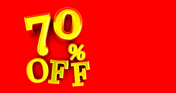 打70%。金百分之七十。红色底色上金色70%。3 d渲染。图片下载