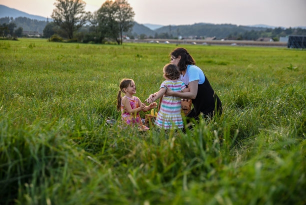 全家人在空地中间的草坪上野餐图片下载