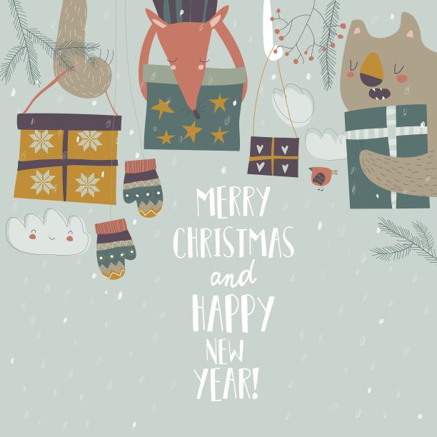 卡通快乐的动物拿着圣诞礼物。节日快乐图片下载