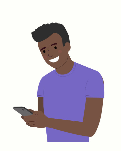 年轻的美国黑人看智能手机。矢量平面样式插图图片下载