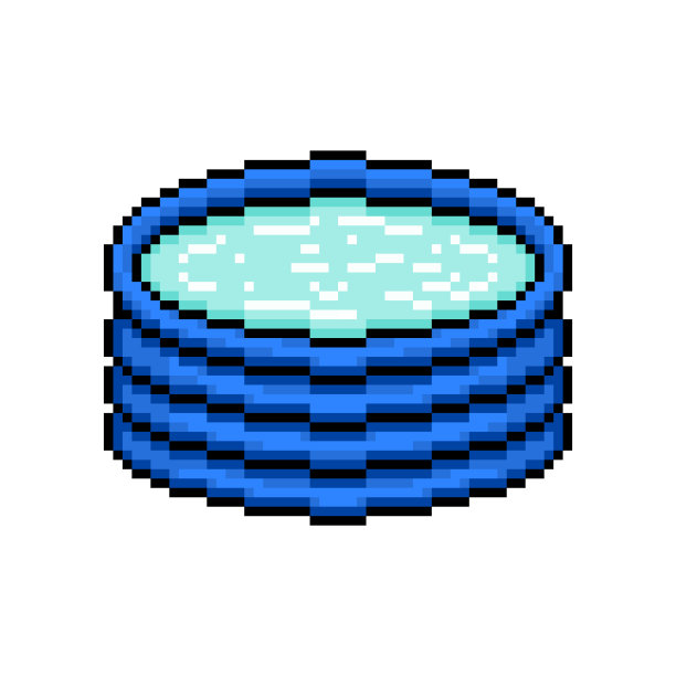 像素艺术蓝色充气游泳池充满水孤立的白色背景。暑假的活动。复古80年代复古;90年代老虎机/视频游戏图像。图片下载