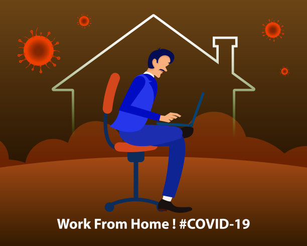 由于Covid-19，男子在家工作。待在家里拯救生命。居家隔离。发展经济，节约自然资源，抗击冠状病毒。海报，横幅，传单，社交媒体图片。图片下载