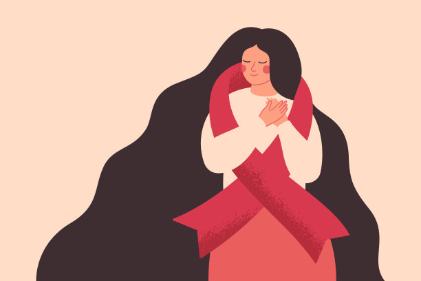 乳腺癌意识和预防月横幅。一个戴着粉色大丝带的年轻女人。图片下载