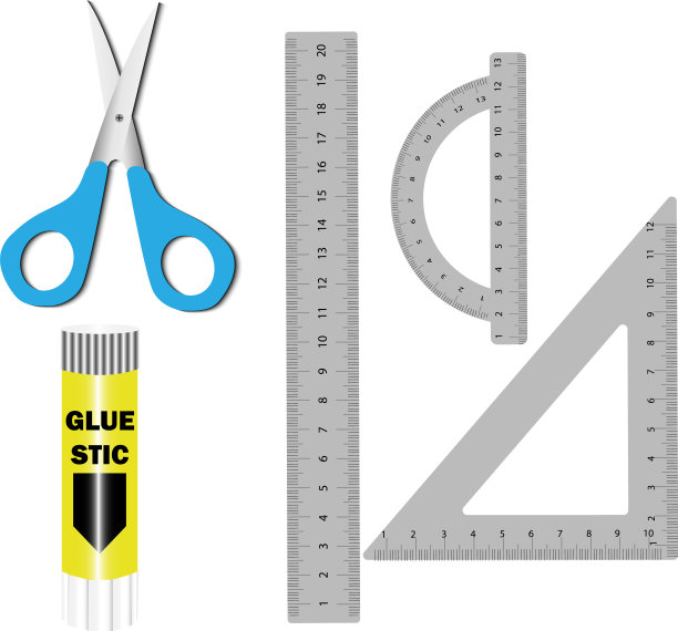 学校用品。剪刀，尺子和胶水，矢量插图。图片下载