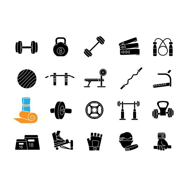 家庭健身设备黑色字形图标设置在白色空间图片下载