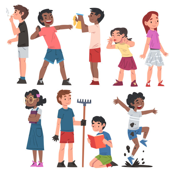 好和坏的孩子行为设置，顽皮和听话的孩子，可爱的孩子玩和平和战斗卡通风格矢量插图图片下载