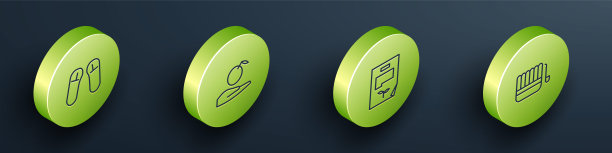 设置等距拖鞋，苹果在手，叶文件和桑拿桶勺图标。向量图片下载