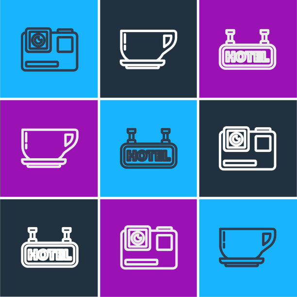 设置行动作极限相机，招牌与文字酒店和咖啡杯图标。向量图片下载